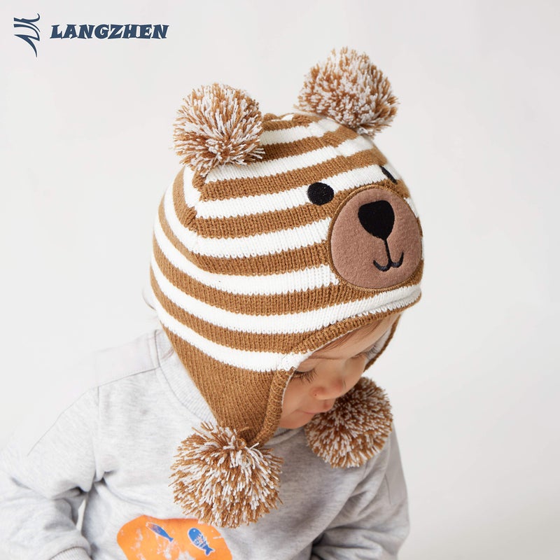 LANGZHEN Toddler Kids Infant Winter Hat,Earflap Knit Warm Cap Fleece Lined Beanie for Baby Boys Girls (Brown, M) - Image 4